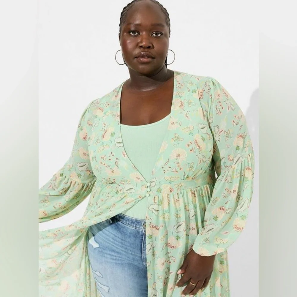 NEW Torrid Festi Chiffon Puff Sleeve Kimono Green 3X 22 24 Plus NWOT - Picture 2 of 6